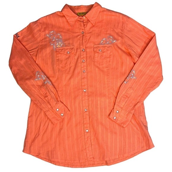 Wrangler Pearl Snap Western Long sleeve Embroidered Salmon Large - Picture 4 of 16